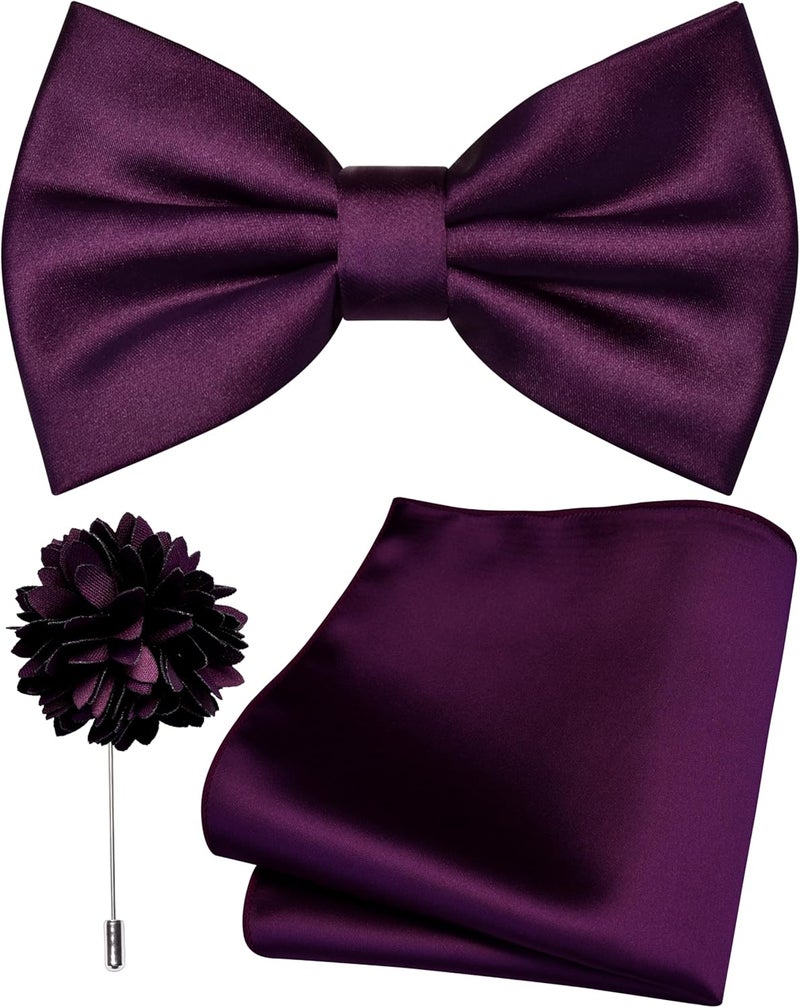 Branduce Solid Color Pre-tied Bow Tie and Pocket Square Lapel Pin Set for Men - Image 1